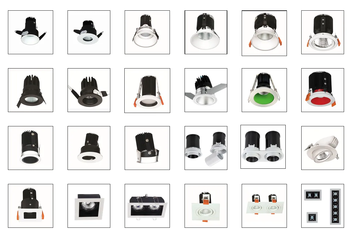 Catalogue sheet of recessed LED downlights in round, square, adjustable and multi-head formats