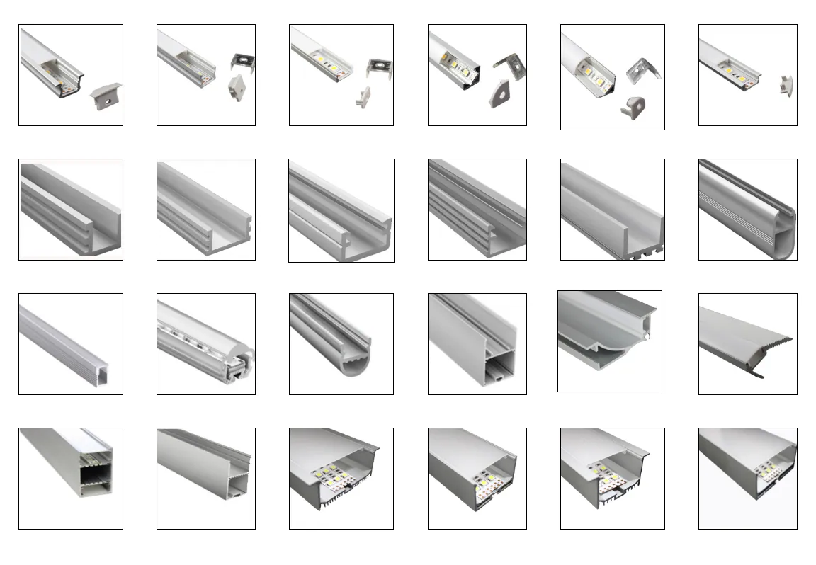 Catalogue sheet of aluminium LED linear profiles in recessed, surface, corner and suspended forms