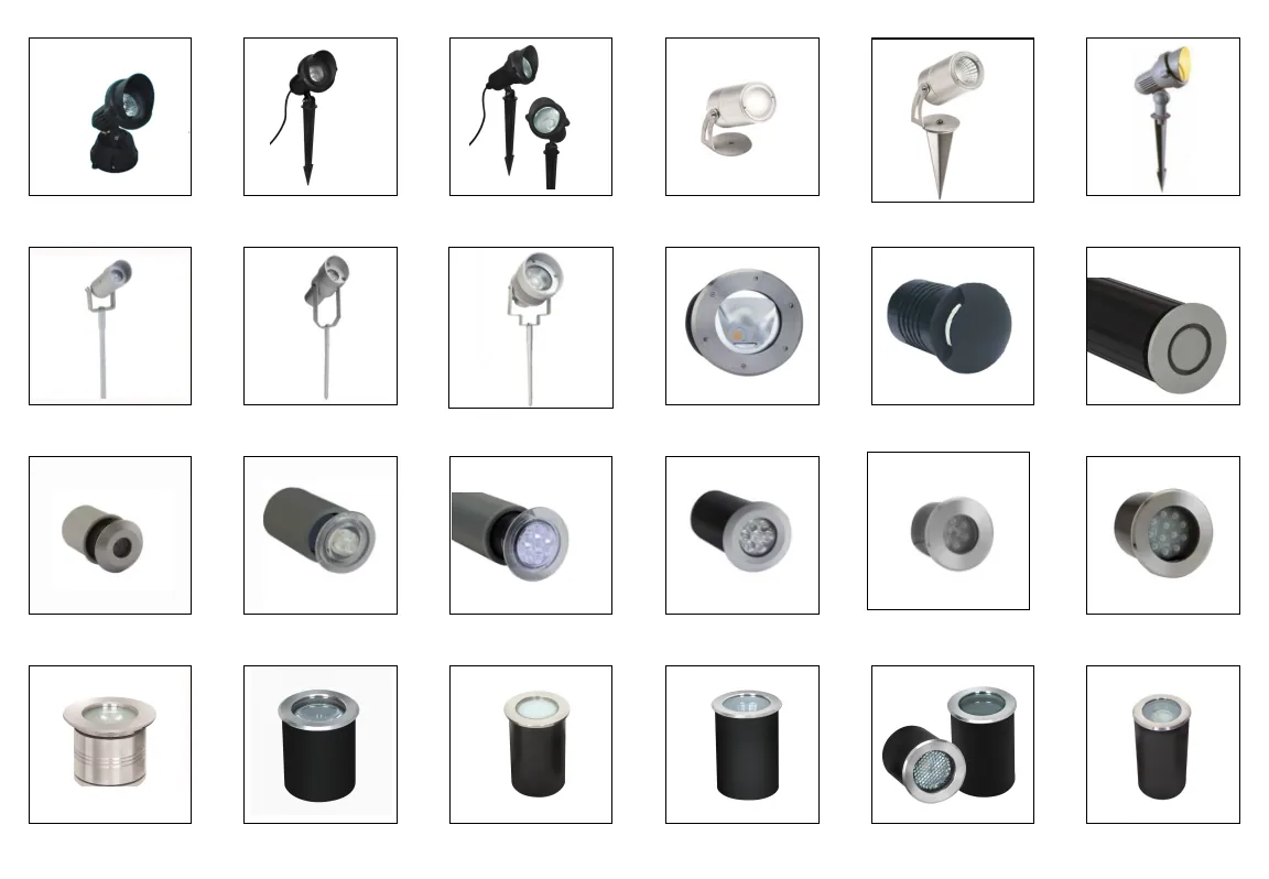 Catalogue sheet of outdoor LED spike lights, in-ground uplights and wall-recessed luminaires